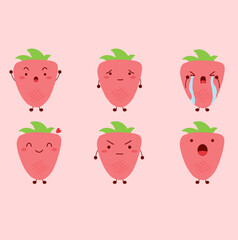 Strawberry character. Many emotions cartoon. Martial, dismal, cry, smile, happy, angry and surprised.