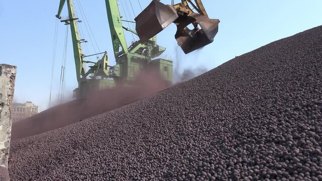 Enriched iron ore finished products warehouse, close up
