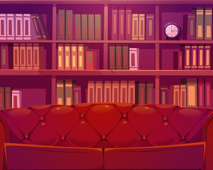Cartoon background luxury old room or library interior with wooden bookcase and leather coach. Place for reading with sofa and rows of various literature volume spines, athenaeum Vector illustration © klyaksun