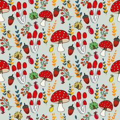 Vector seamless half-drop pattern, with mushrooms