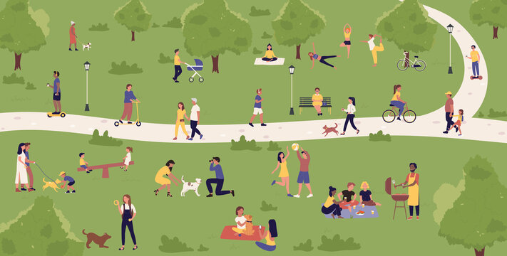 People spend active fun time in summer city park on weekend vector illustration. Cartoon map with characters walk on road, ride bicycle and electric scooter, eat picnic food, sit on bench background