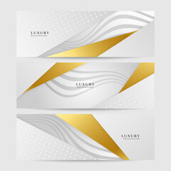 Fototapeta premium Set of premium luxury white and gold abstract line light wave design banner background. Abstract geometric shape white gold background with light and shadow 3D layered for presentation design.