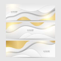 Obraz premium Set of premium luxury white and gold abstract line light wave design banner background. Abstract geometric shape white gold background with light and shadow 3D layered for presentation design.
