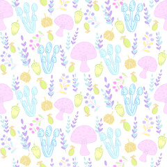 Vector seamless half-drop pattern, with mushrooms