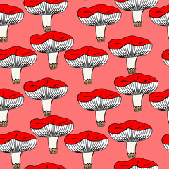 Vector seamless half-drop pattern, with mushrooms