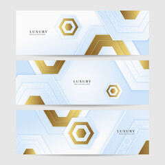 Abstract luxury light blue white and gold banner background. Vector abstract graphic design banner pattern background illustration template.