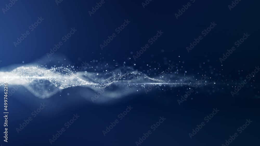 Poster abstract digital particle wave and light with flowing small particles dance motion on the wave and l