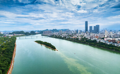 Urban scenery on both sides of Liujiang River in Liuzhou, Guangxi, China