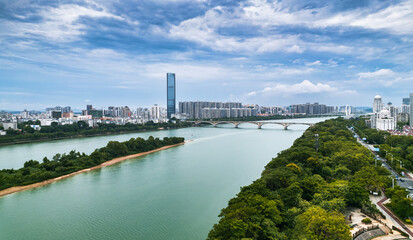 Urban scenery on both sides of Liujiang River in Liuzhou, Guangxi, China