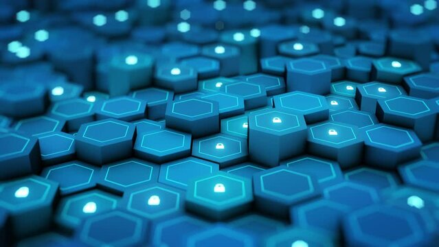 Security concept. Futuristic surface with locks is located on hexagon. Trendy sci-fi technology background with hexagonal pattern. Minimal hexagonal grid pattern animation in light blue. 3D Render.