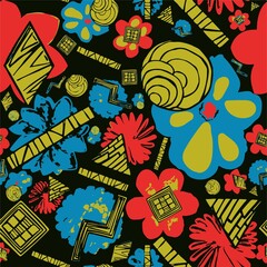 Obraz premium Rainbow pattern flowers, chamomile, lotus, hydrangea, dahlia on a dark background with geometry shapes, square, circle for your design 