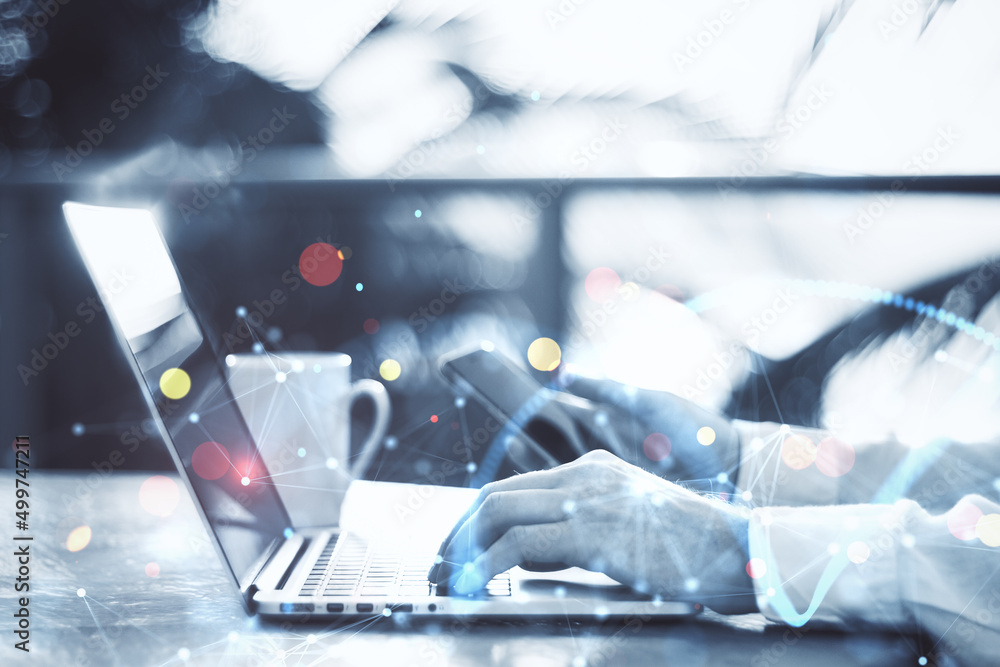 Poster close up of businessman hands using laptop and smartphone on blurry outdoor background with polygona