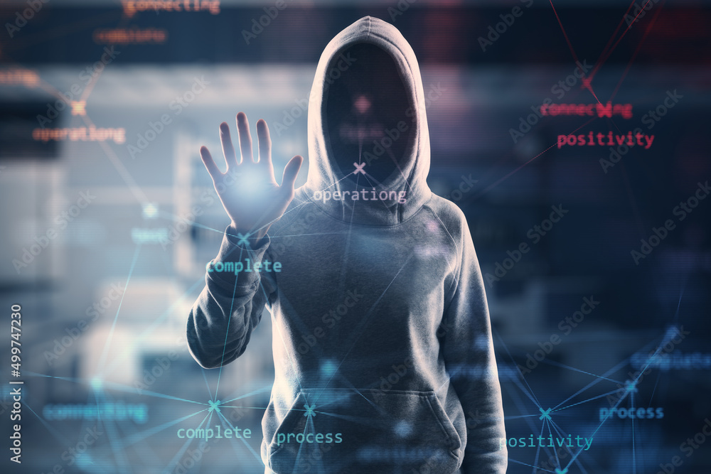 Poster hacker hand using creative process stages mesh hologram on blurry office interior background. hackin