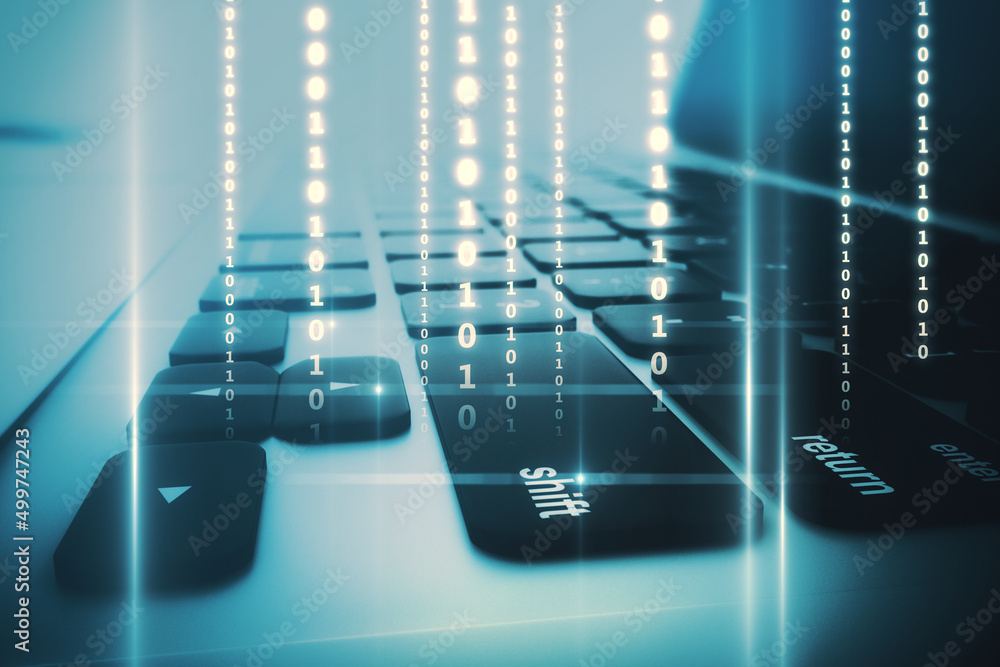Poster Technology background with digital coding numbers on blurry modern laptop keyboard backdrop. 3D rendering