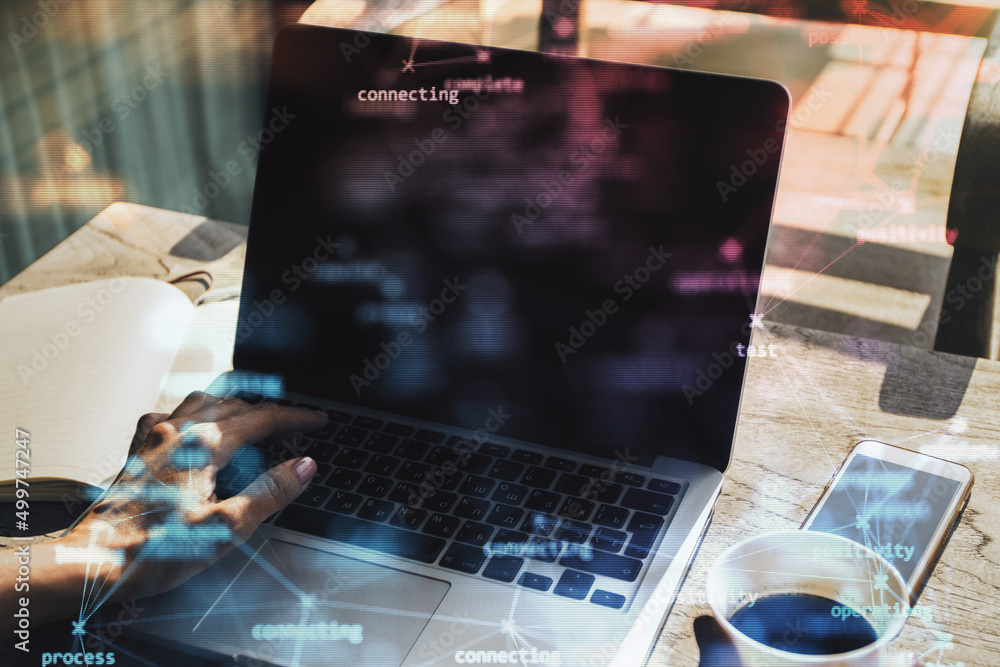 Aufkleber close up of hands using laptop on desktop with creative process stages mesh on blurry background. pr