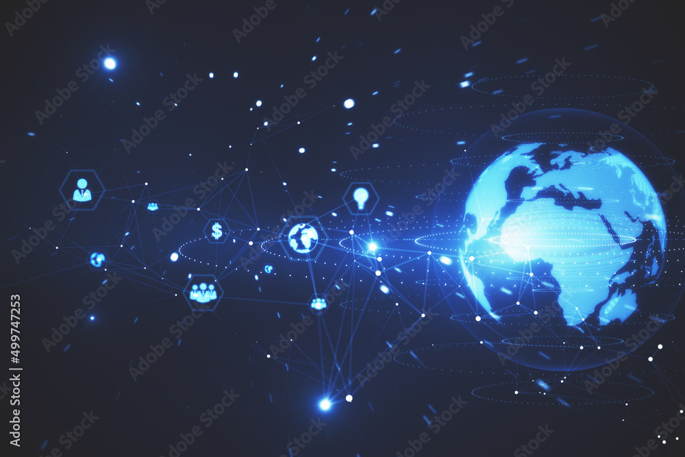 Poster Creative bright globe interface with various business icons and connections on blurry background with mock up place. Global network and technology concept. 3D Rendering.