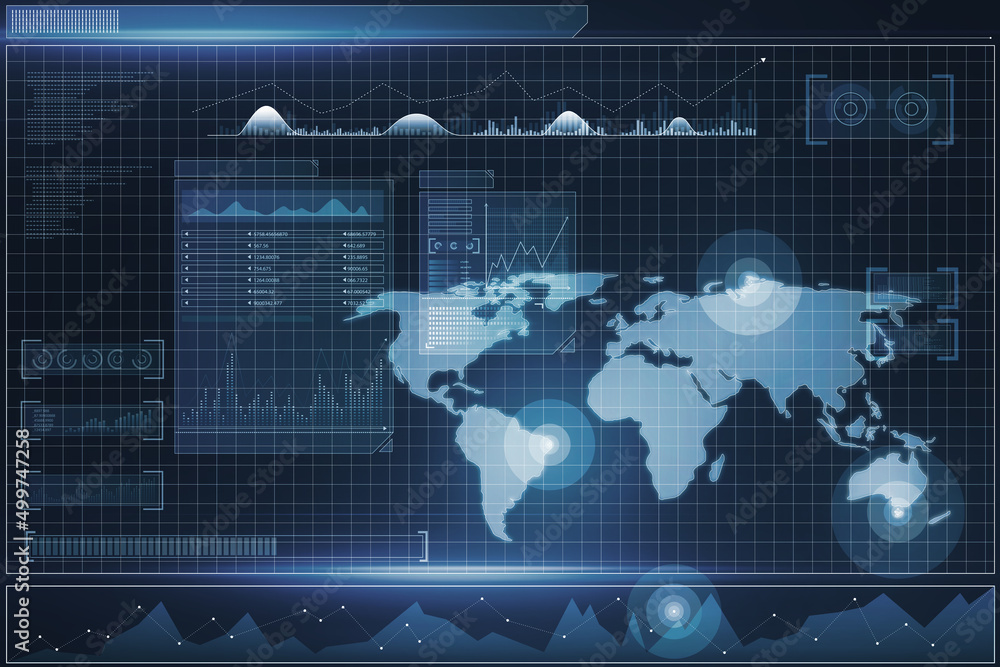Poster Abstract radar map interface on blue backdrop. Spy and cyber terrorism concept. 3D Rendering.