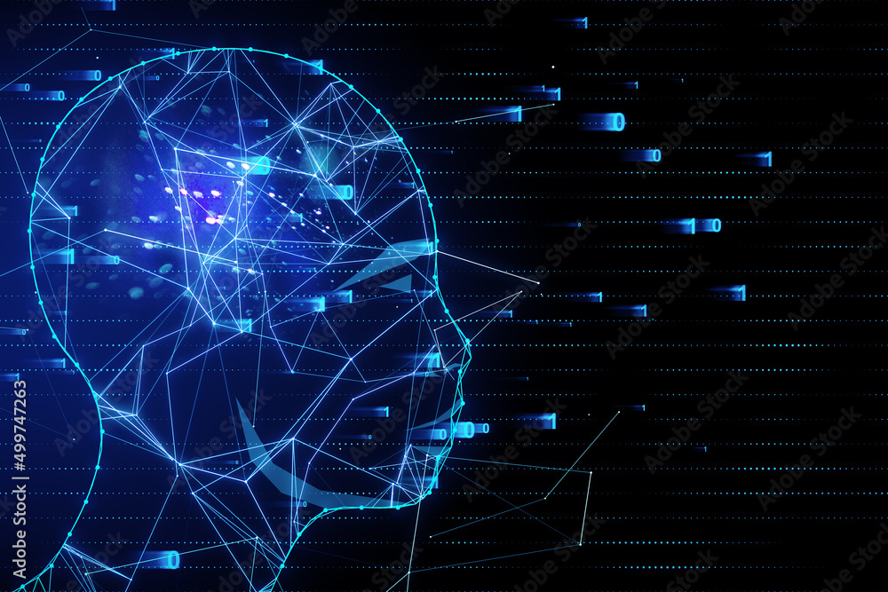Poster Artificial intelligence and virtual reality concept with human head silhouette made by lots of glowing digital lines, numbers and dots on abstract technological background. 3D rendering