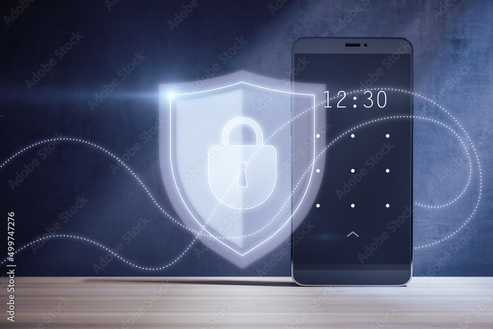 Poster close up of smart phone with creative padlock interface on blurry background. password and security 
