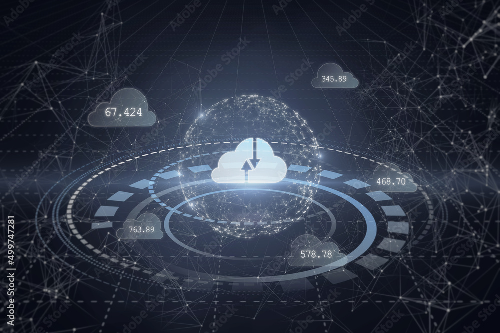 Poster Creative polygonal digital cloud background. Cloud computing, wireframe 3d rendering network line concept.
