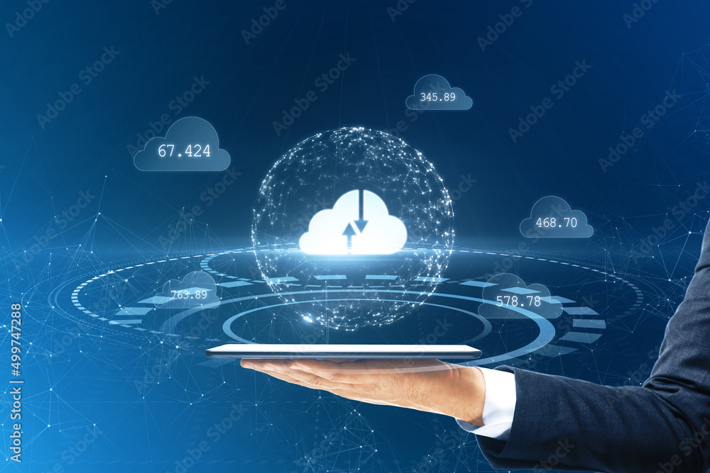 Poster close up of businessman hand holding tablet with creative polygonal digital cloud on blurry backgrou
