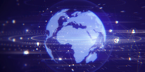 Creative bright globe interface with various business icons and connections on blurry wallpaper. Global network and technology concept. 3D Rendering.