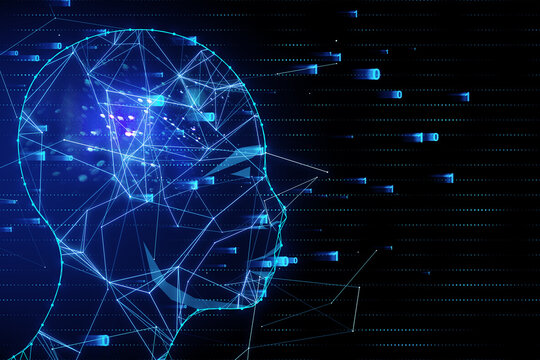 Artificial intelligence and virtual reality concept with human head silhouette made by lots of glowing digital lines, numbers and dots on abstract technological background. 3D rendering