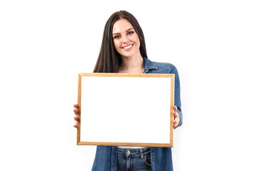 Happy smiling woman holding a poster on a white background in the studio. A beautiful girl shows an advertisement