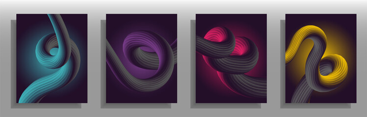 Abstract cover set with bending and curving cords. For notebooks, planners, brochures, books, catalogs etc. Dark background. Vector illustration.