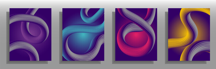Abstract cover set with bending and curving cords. 3d ropes making different twisting. For posters, planners, copybooks... Dark gradient background. Vector illustration.