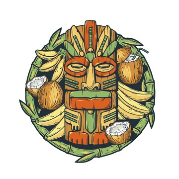 Tiki mask and tropical fruits. Exotic banana and coconut for summer hawaiian prints or tropic beach