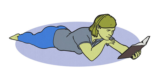 woman reading book lying on a floor. Femme qui lit allogée