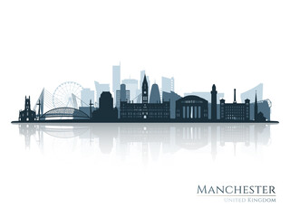 Manchester skyline silhouette with reflection. Landscape Manchester, England. Vector illustration. - obrazy, fototapety, plakaty