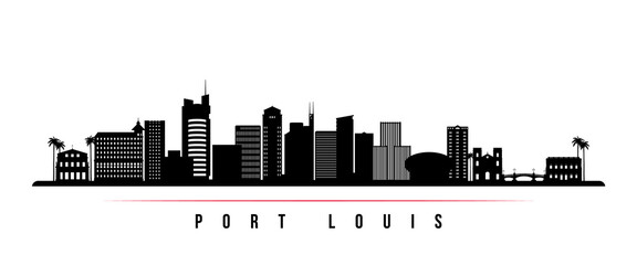 Port Louis skyline horizontal banner. Black and white silhouette of Port Louis, Mauritius. Vector template for your design.
