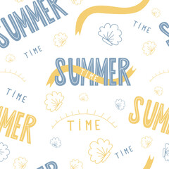 Seamless pattern Summer time. Decorative blue yellow lettering, seashells, sun and ribbons on white background. Vector illustration. For design and decor, wallpapers, textiles and printing