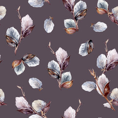 Seamless Easter pattern with fluffy willow buds on a dark violet background, hand drawn in watercolor. Surface design for textiles, wallpapers, wrapping paper, Easter cards, children's goods