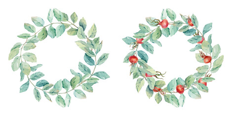 Round wreaths of twigs with green leaves and red rose hips, hand drawn in watercolor on a white background. For Christmas cards, invitations, wedding design, baby products, stationery, scrapbooking