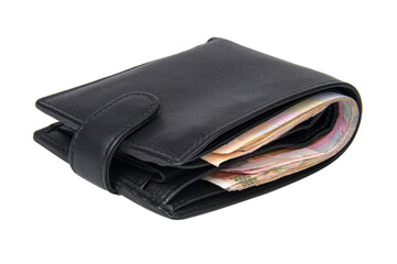 Black leather wallet with money isolated on the white background