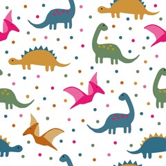 A simple dinosaur set. cute colored dinosaurs and dots. white background. vector illustration. Fashionable print for textiles, wallpaper and packaging.