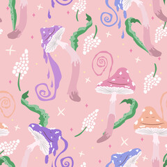 Psychedelic mushrooms seamless pattern. Magical trippy fungi.