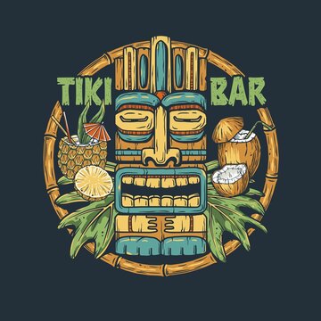 Tiki bar of hawaii with tiki mask, pineapple and coconut cocktail and tropical leaves for summer surfing print or tropic exotic beach