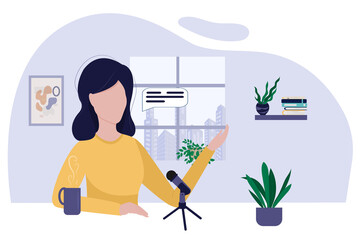 The podcaster makes the content. A girl sits at a table and speaks into a microphone while recording a podcast. Female radio host. Broadcasting in social networks. Blogger's workplace. Vector illustra