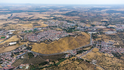 Aerial drone view of fortifications, Garrison Border Town of Elvas and its Fortifications. Unesco world heritage Portugal. Historic site. Touristic destination for holidays. Portugal, Alentejo, Elvas.