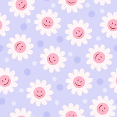 70’s cute seamless smiley face daisy pattern with flowers. Floral hippie funky vector background. Perfect for creating fabrics, textiles, wrapping paper, packaging. - 499751033