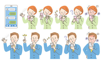 スマホを操作する若い男女の表情セット