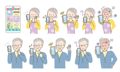 スマホの画面を見せるシニアの女性と男性の表情セット