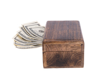 dollars in wooden box isolated