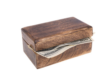 dollars in wooden box isolated