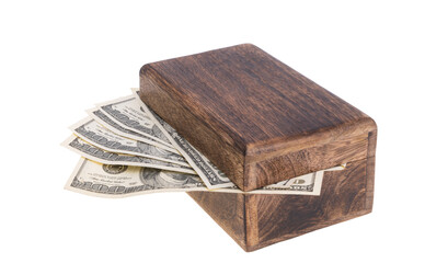 dollars in wooden box isolated