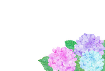 イラスト素材：水彩絵の具で描いたかわいい紫陽花の横位置の背景　右奥に配置（紫・ピンク・水色）
